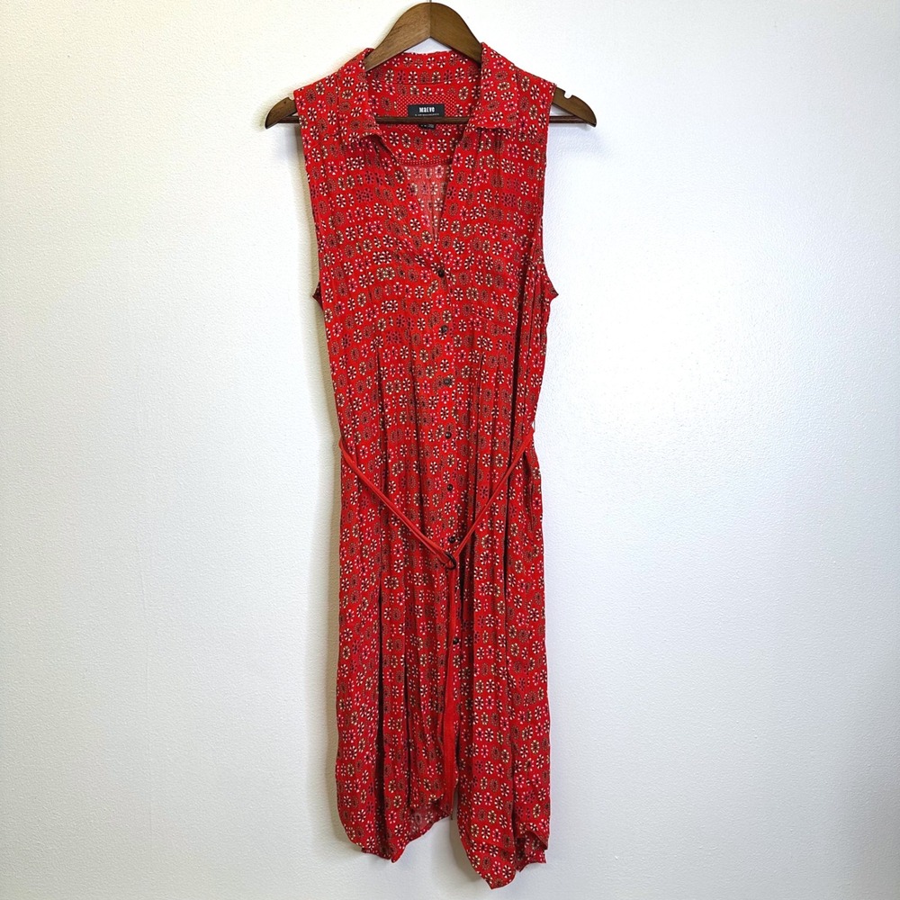 Maeve by Anthropologie Daisy Sleeveless Belted Shirt Dress Red Size 10 - Picture 2 of 9
